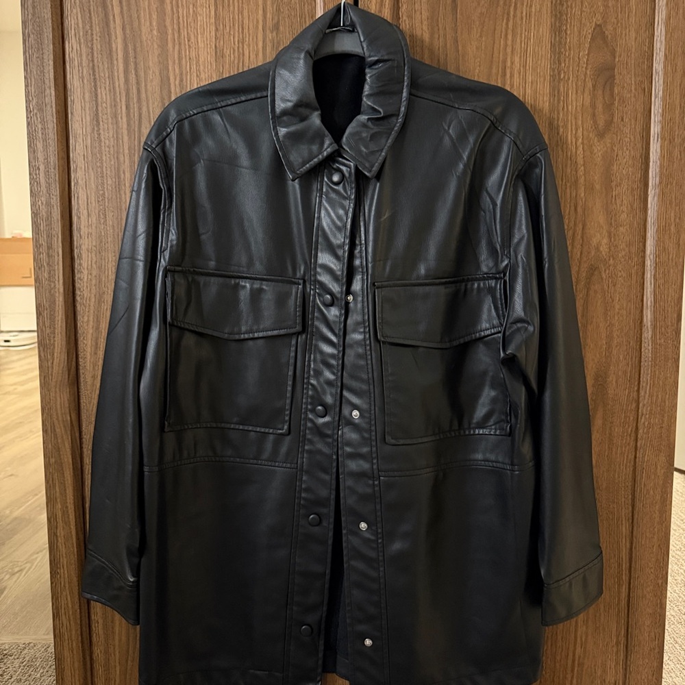 Men's Black Faux Leather Button-Front Jacket